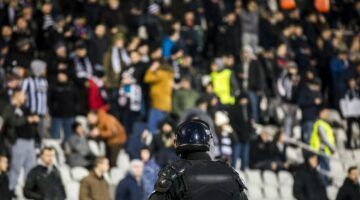 Special police unit at the stadium event secure a safe match against the hooligans