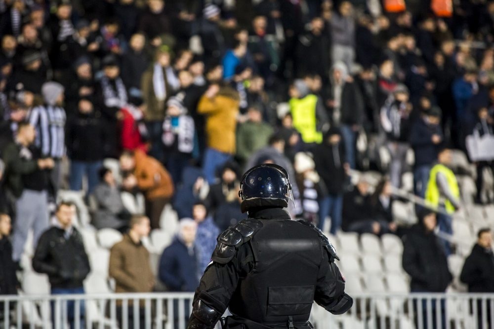 Special police unit at the stadium event secure a safe match against the hooligans