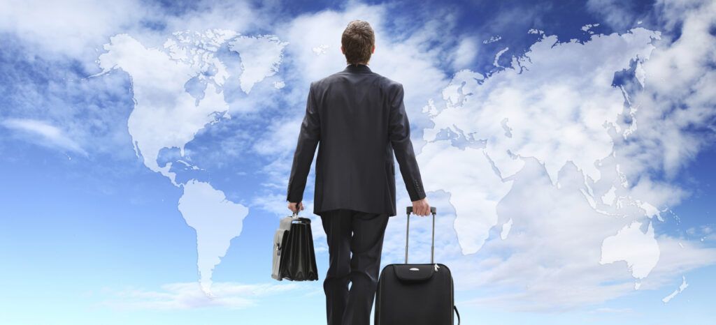 International businessman travel with trolley, global business concept