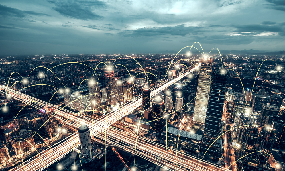 buildings with visualization of data connection