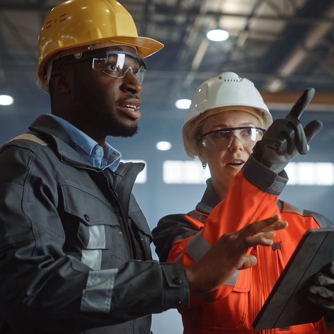 Two Heavy Industry Engineers Stand In Steel Metal Manufacturing Factory, Use Digital Tablet Computer And Have A Discussion. Black African American Industrial Specialist Talk To Female Technician.
