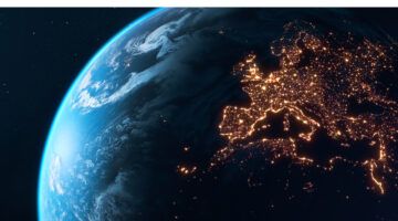 View of the earth from space showcasing Europe lit up at night.