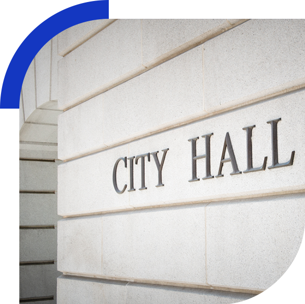 View of City Hall buildings stone walls and title