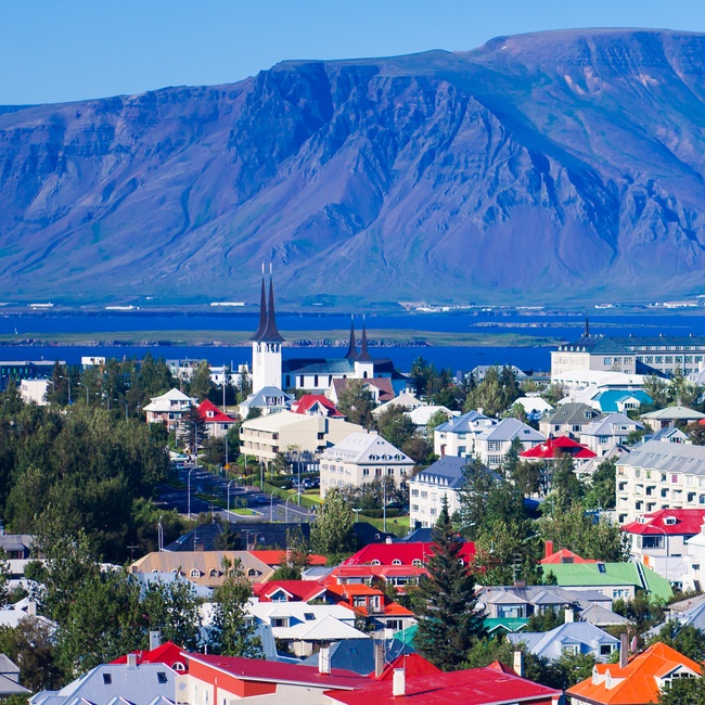 Beautiful Wide Angle Aerial View Of Reykjavik, Iceland Harbor And Skyline