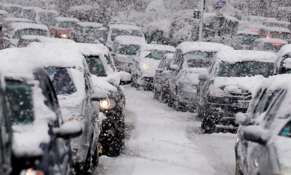 Traffic Jam Caused By Heavy Snowfall