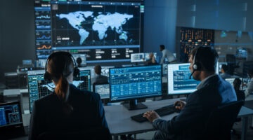 Shot Of Officers In A Surveillance Control Center With Police Global Map Tracking On A Big Digital Screen. Monitoring Room Employees Sit In Front Of Computer Displays And Analyze Big Data.
